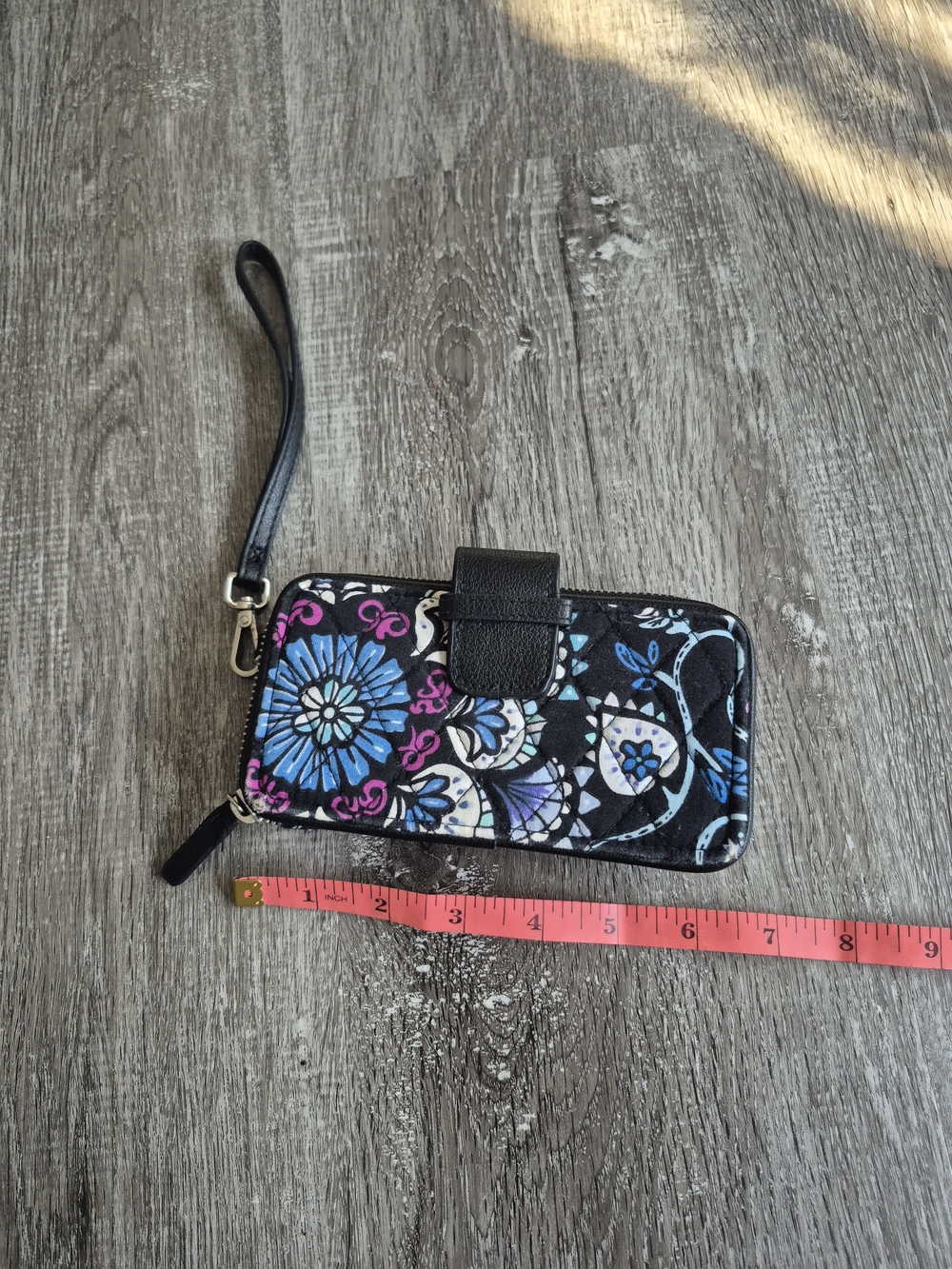 Vera Bradley Black Floral Quilted Wristlet with Blue & Pink Accents